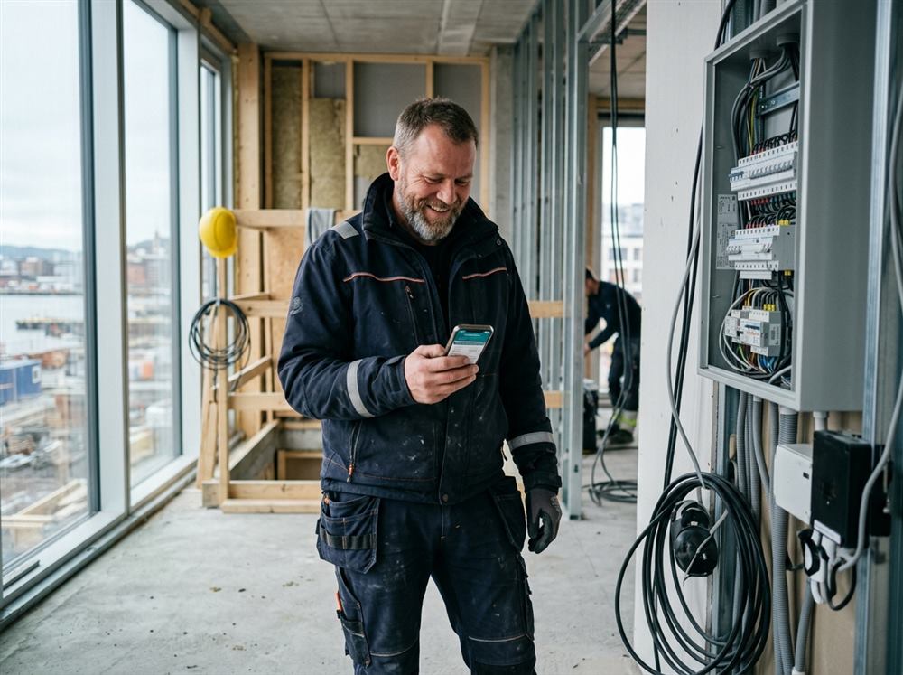 Elektriker registrerer timer på mobilen på byggeplassen